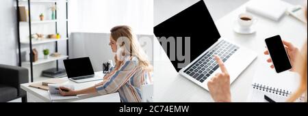 Collage of pretty freelancer using gadgets during working day Stock Photo