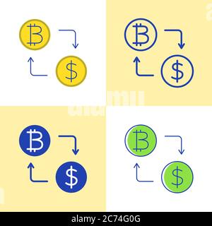Dollar and bitcoin exchange icon set in flat and line style. Cryptocurrency financial concept symbol. Vector illustration. Stock Vector