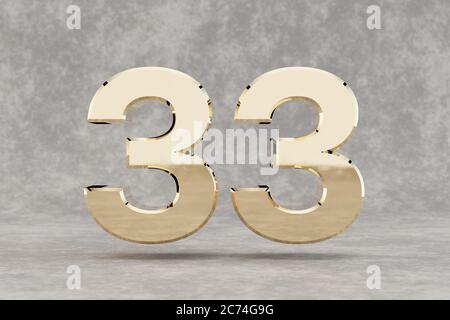 3d illustration of golden number 33 or thirty three isolated on