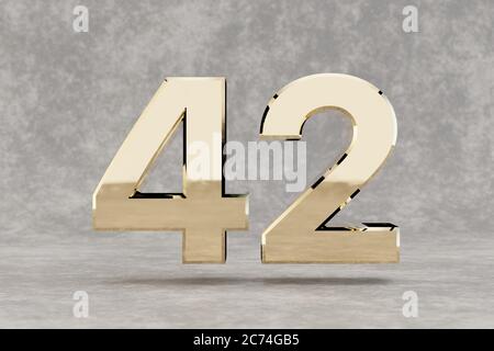 Gold 3d number 42. Glossy golden number on concrete background. Metallic digit with studio light reflections. 3d render. Stock Photo