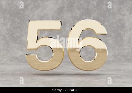 Gold 3d number 56. Glossy golden number on concrete background. Metallic digit with studio light reflections. 3d render. Stock Photo