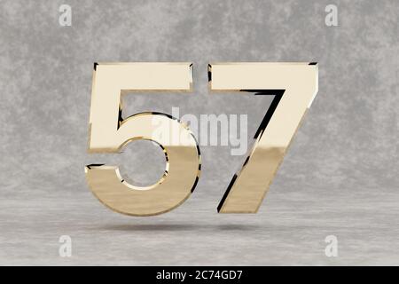 Gold 3d number 57. Glossy golden number on concrete background. Metallic digit with studio light reflections. 3d render. Stock Photo