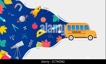 School bus, back to school concept illustration with icons of supplies and books. Vector background design Stock Vector