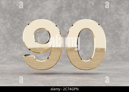 Gold 3d number 90. Glossy golden number on concrete background. Metallic digit with studio light reflections. 3d render. Stock Photo