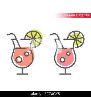 Summer cocktail glass with lemon line icon. Outline, editable stroke vector cocktails with pink fill. Stock Vector