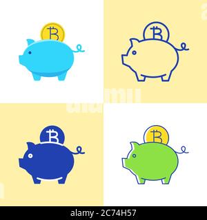 Bitcoin saving concept icon set in flat and line style. Cryptocurrency investment symbol. Piggy bank emblem. Vector illustration. Stock Vector
