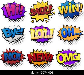 Comic speech bubbles set with different emotions and text Hi, Sale, Bye, LoL, Win, Oh, No, New, OMG. Bright dynamic cartoon illustration in retro pop Stock Photo