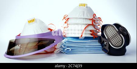 Antiviral protective means including masks on white background Stock Photo