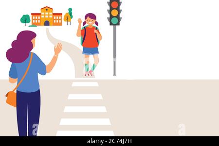 Schoolgirl crossing a road on her way to school, mother saying goodbye. Crossing the road safely concept illustration.  Stock Vector