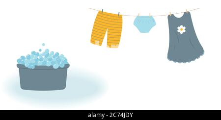 Washing: washed baby clothes cute Capri pants,socks and dress hanging on clothesline and they are attached by clothespins.Blue wash basin with soap Stock Vector