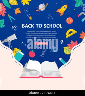 Open book, back to school concept illustration with supplies icons and books. Vector background design Stock Vector