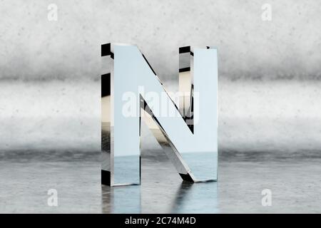 Chrome 3d letter N uppercase. Glossy chrome letter on scratched metal background. Metallic alphabet with studio light reflections. 3d rendered font character. Stock Photo