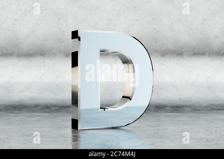 Chrome 3d letter D uppercase. Glossy chrome letter on scratched metal background. Metallic alphabet with studio light reflections. 3d rendered font character. Stock Photo