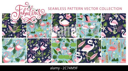 Flamingo bird seamless pattern vector set Stock Vector