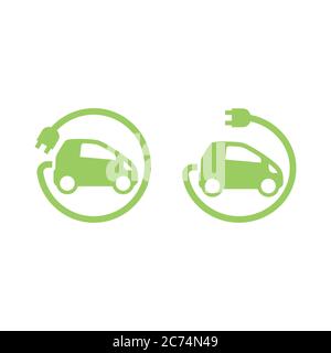 Electric car with plug cable circle. Vector electric car with power symbol icon. Stock Vector