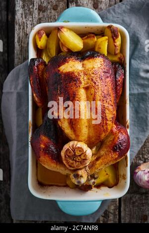 Baked whole chicken in blue casserole on dark gray old wooden table Stock Photo