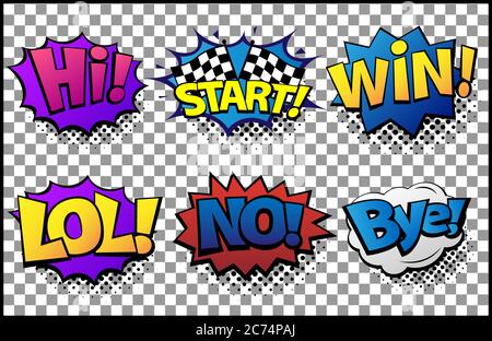 Comic speech bubbles set with different emotions and text Hi, Start, Win, LOL, No, Bye. Vector bright dynamic cartoon illustrations in retro pop art Stock Vector