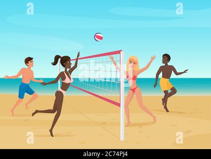 People having fun playing volleyball on the beach vector illustration. Active seabeach sport Stock Vector