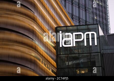 close up iAPM Mall's logo at evening. A upscale mall house located at Huaihai Road in Xuhui District, Shanghai, China. Many luxury brands inside Stock Photo