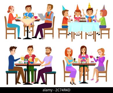 Eating adults and kids set sitting in restaurant cafe or bar isolated vector illustration. People eating Stock Vector