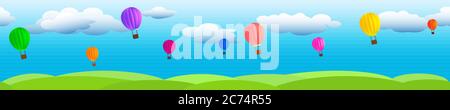 Clouds on a blue sky with flying balloons and green grass. Stock Vector