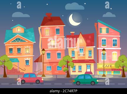 Vector cartoon City street at Night. Street lights in the night. Cars on a road Stock Vector