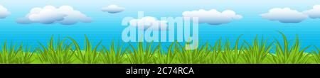 Clouds on blue sky with green grass. Stock Vector