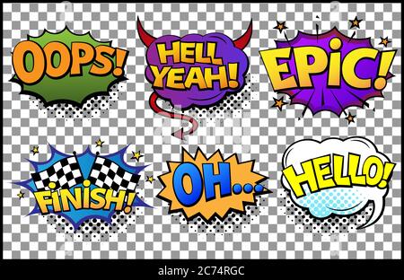 Comic speech bubbles set with different emotions and text Oops, Hell Yeah, Finish, Oh, Hello. Vector bright dynamic cartoon illustrations in retro pop Stock Vector