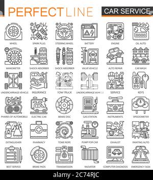 Car repair service outline mini concept symbols. Modern stroke linear style illustrations set. Perfect thin line icons Stock Vector