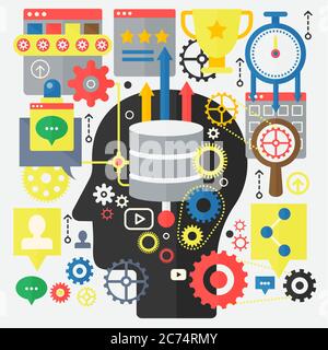 SEO Optimization, Web Development and Cloud Computing technology concept on the head silhouette background Stock Vector
