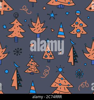 Christmas tree doodles seamless pattern for greeting cards or banners. Hand drawn print with Christmas trees for wrapping paper, textiles Stock Vector