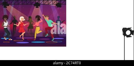 Young multi ethic people couples dancing in colorful spotlights at disco club night party. Cartoon vector illustration Stock Vector