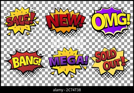 Comic speech bubbles set with different emotions and text Sale, New, OMG, Bang, Mega, Sold Out . Vector bright dynamic cartoon illustrations in retro Stock Vector