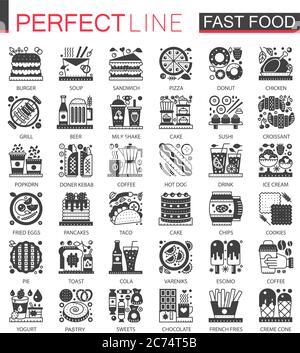 Fast food classic black mini concept symbols. Modern icon pictogram vector illustrations set Stock Vector