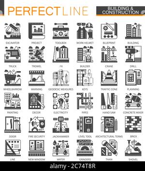 Building, construction and home repair tools classic black mini concept symbols. Vector modern icon pictogram illustrations set Stock Vector