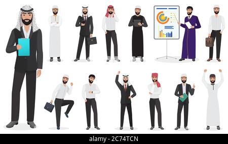 Arab Businessman man Character poses. Muslim male positions in suit and traditional clothes cartoon vector illustration Stock Vector