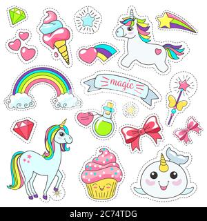 Magic cute unicorn, stars on the clouds poster, greeting card, vector illustration Stock Vector