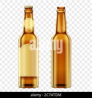 Realistic golden brown bottles of beer on alpha transperant background. Vector illustration Stock Vector