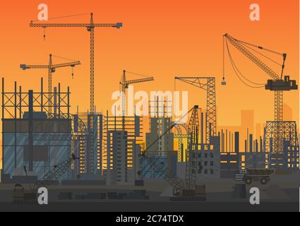 Construction Skyline under construction sunset silhouette. Web Site head of new city exterior. Vector illustration Stock Vector