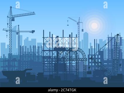Tower cranes on construction site. Buildings under construction Stock Vector