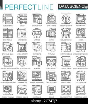 Data science technology outline mini concept symbols. Machine learning process modern stroke linear style illustrations set. Perfect thin line icons Stock Vector