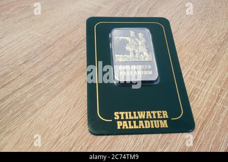 Amsterdam, Netherlands - July 2020: Bar of one troy ounce of Palladium, manufactured and issued by Stillwater mining company. Stock Photo