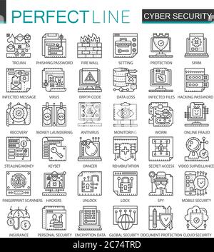 Cyber security outline mini concept symbols. Computer network protection modern stroke linear style illustrations set. Perfect thin line icons Stock Vector