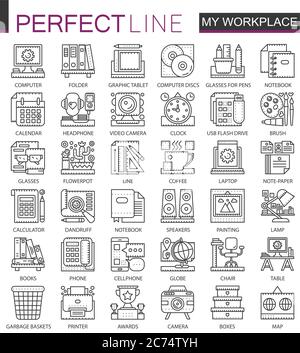 Office workspace outline mini concept symbols. Modern stroke linear style illustrations set. My workplace perfect thin line icons Stock Vector