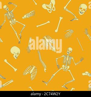 Vector flat line human skeleton seamless pattern with various single bones and skulls Stock Vector