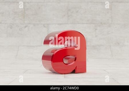 Red 3d letter A lowercase. Glossy red metallic letter on stone tile background. Shiny metal alphabet with studio light reflections. 3d rendered font character. Stock Photo