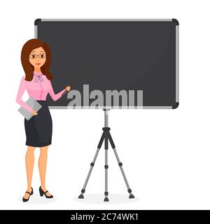 Cute young business woman pointing at empty flip chart. Female character making presentation. Vector illustration Stock Vector