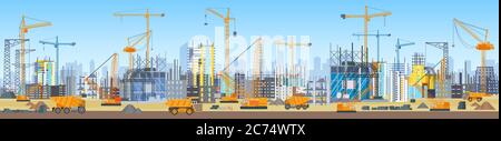 Wide head banner of city construction process. Tower cranes on construction site. Buildings under construction Stock Vector
