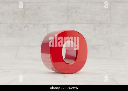 Red 3d letter O lowercase. Glossy red metallic letter on stone tile background. Shiny metal alphabet with studio light reflections. 3d rendered font character. Stock Photo