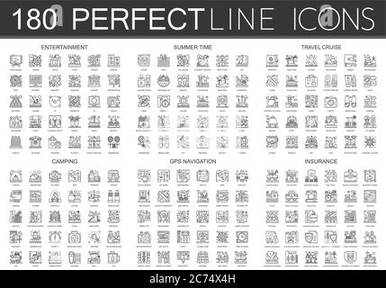 180 outline mini concept icons symbols entertainment, summer time, travel cruise, camping, gps navigation, insurance icon isolated. Stock Vector